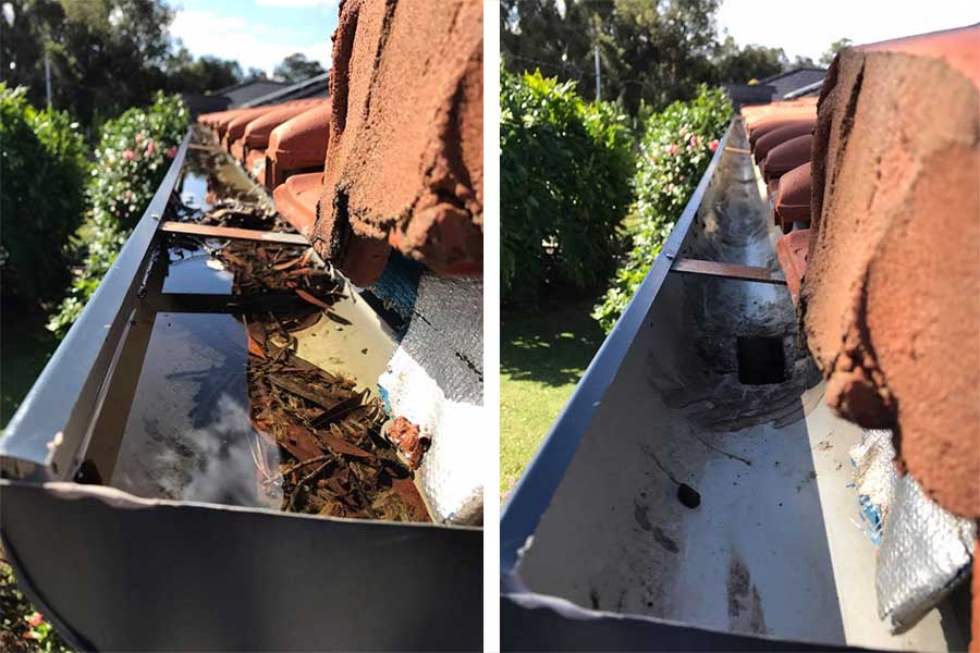 Before and after vacuum gutter cleaning photo in Bunbury